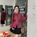 Slim Vintage Striped Tie Shirt Women Fall Long Sleeve American Preppy Style Blouse Casual Female Turn Town Collar Retro Tops New