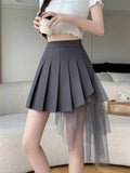 Pbong  Mesh Patchwork Pleated Skirts Women High Waist Fashion Slim Sexy Mini Skirt Korean Sweet Preppy Style Spring Summer A Line Skirt