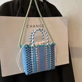 Pbong  Fashion Colorful Woven Mini Tote Bag with Drawstring Closure Lightweight Large Capacity Crossbody Purse for Summer Beach Outings