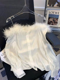Pbong  Korean Luxury Faux Fur Off Shoulder White Shirt Women Backless Chain Straps Sexy Basic Blouse Female Button Up Aesthetic Top