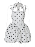 Halter Print Polka Dot Mini Dress Women Fashion Off-shoulder Sleeveless Backless High Waist A-line Club Party Dress