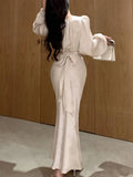 Autumn Elegant Bodycon Print Midi Dresses for Women Lantern Sleeve V-Neck Lace-up Mermaid Evening Party Dress Robe Vestidos New
