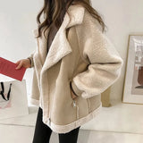 Winter Sheep Wool Coat Women Thick Warm Long Sleeve Zipper Pocket Jacket Women Fashion Leather Motorcycle Jacket Coats