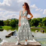 Embroidery Green Women Summer Short Dress 2025 New V-neck Sleeveless Long Dress Chic Fashion Backless Vacation Beach Vestidos