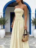 Pbong  Summer Polka Dot Strapless Sleeveless Long Dress Women Fashion Off Shoulder Slim Ruffles Dresses Elegant