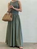 Korean Style round Neck Slim Fit Splice Pleated Maxi Dress Women's Sleeveless Dress Spring  Elegant Long Skirt