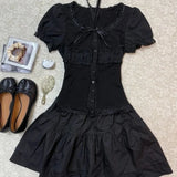 Y2k Harajuku Vintage Dark Gothic Slim 2 Piece Skirt Sets Bow Short Sleeve Blouse + Cake Mini Skirts 2000s Lolita Suits Summer
