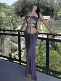 Fashion 2-Piece Set Women Bandage Hollow Vacation Backless Sleeveless Tops+Mesh Folds Elasticity Skirts Matching Suits
