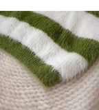 Fuzzy Knit Striped Sweater Pullovers for Women Soft Warm Long Sleeve Crew Neck Crop Knit Top Y2k Teen-girl Autumn Winter Outfit