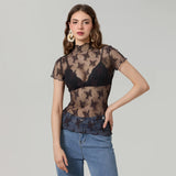 Women Lace Tops Short Sleeve Crew Neck See-through Sheer T-shirt Summer Casual Tee Shirts Clubwear