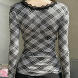 Pbong  Y2K Lace Lace T Shirt Women Deep V Neck Plaid Long Sleeve Slim Fit Slimming Fashion Inner Top Pure Desire Sweet Style