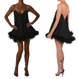 Pbong  Women Solid Color Feather Trim V-Neck Chain Spaghetti Straps Sling Mini Dress Summer Sleeveless Backless vestido