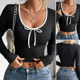 Autumn T-Shirts 2025 Women's Casual Plain Screw Thread Bowknot Long Sleeve Round-Neck Daily Basic T-Shirts