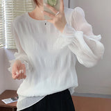 Pbong  Korean All Match Lady Loose Blouses for Women O-neck Flare Sleeve Solid Color Shirts Fashion Pleated Tops