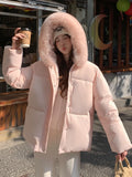 Preppy Style Sweet Parkas Women Cute Long Sleeve Vintage Faux Fox Hooded Cotton Coat Korean Winter Thick Warm New Outwear