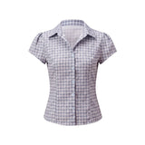 Pbong  Women Vintage Button Down T-Shirt Cottage Checkered Short Sleeve Blouse Tees 00s Aesthetic Crop Tops Y2k Streetwear