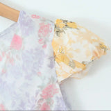 Pbong  Retro French style Contrast Color Flower Print V neck Mini Dress Sexy Short Flying Sleeve Ruffles Hem Slim Waist Robe