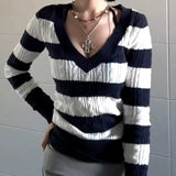 High End Blue Whiter Constrast Color Striped V Neck Sweaters Office Lady Harajuku Lazy Base Streetwear Pullovers Women Clothes