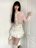 Korean Fashion Pink Cropped Cardigan Women Kpop Sweet Girl Knitted Sweater Bow Coquette Aesthetic Long Sleeve Tops New