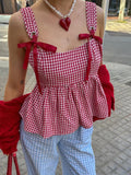 Y2k Red Gingham Tank Top Sleeveless Women Bow Tie Down Plaid Camisole Ruffle Hem Peplum Tops Summer Streetwear