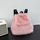 Pbong  Plush Backpack Imitation Rabbit Fur Backpack Student Girl's Large Capacity Drawstring Leopard All-Match