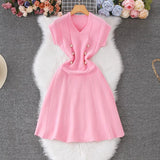 Pbong  Chic Fashion Slim Waist A-line Knitted Dress  New Summer Elegant Double-breasted Party Dress Korean Outfits Vestido