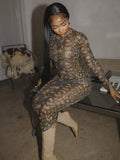 See Through Women Dress Leopard Print Women Thin o-Neck Full Sleeve Summer Midnight Clubwear Party Stretch Maxi Bodycon