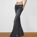 Pbong  American Retro Low Waisted Washed Jeans Women Streetwear Y2K Slim Fit Flared Pants Mujer Fashion Button Pockets Denim Trousers