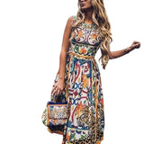 Pbong  Retro Fashionable Floral Print Women's Dress Knee-Length Sleeveless round Neck Empire Waist Elegant Gown for Ladies