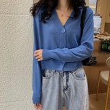 Button Up Knit Cardigan Sweater Women Long Sleeve Boxy fit Crop Top Sweater Jacket Autumn Winter Teen-girl Casual Daily Outfit