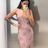 Sexy Backless V-neck Sleeveless Sequins Beading Long Dress Deep V-neck Holiday Women Dress 2025 New Slim Fashion Party Vestidos