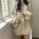 Autumn Winter Women Sweater Harajuku Oversized Knitted Pullovers Korean Long Sleeve V Neck Knitwear Preppy Solid Loose Jumper