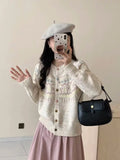 Cute Cartoon Cardigan Sweater for Women Long Sleeve Crew Neck Button Up Knitted Jacket Knitwear Teen-girl Fall Winter Outfit