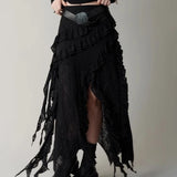 Deeptown Gothic Black Y2k Skirts Women Gyaru 2000s Lace Irregular Long White Skirt Streetwear Irregular Ruffle Skirts Aesthetic