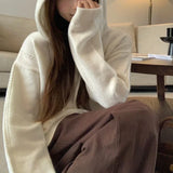 Pointelle Knit Hooded Sweater for Women Long Sleeve Pullover Sweater Hoodie Cosy Knitwear Teen-girl Autumn Winter Casual Outfit