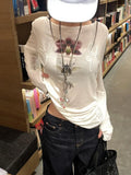 Y2k Printed Off Shoulder T-shirt Sweet Transparent White Long Sleeve T-Shirts Korean Fashion Casual Loose Tops Slim Up