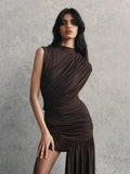 Women Fashion Irregular Pleated Tassels Mini Dress Elegant Turtleneck Sleeveless High Waist Vestidos New Party Club Dresses