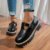 Pbong  Black T-Strap Flat Shoes for Women, Round Toe Brogue Detail with Metal Buckle, Casual Chunky Soled Shoes