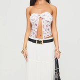 y2k Tube Tops Women Summer Clothes Flower Print Off Shoulder Strapless Front Slit Bandeau 2000s Clothing Streetwear
