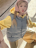 Cute Blue Plaid Puffy Vest Women Loose Vintage Sleeveless Warm Thick Winter Sweet Vest Coat Korean Preppy Style Outwear Top