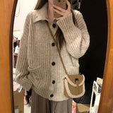 Slouchy Knit Cardigan for Women Rib-knit Pockets Front High Neck Button Up Sweater Jacket Coat Female Autumn Winter Basic Outfit