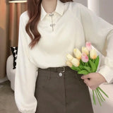 Pbong  Long Sleeve Shirts Womens Striped Ruffled Slim Fit Turn Down Collar Feminine Minimalist Romantic Preppy Youthful Spring Clothing
