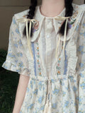 Pbong  Preppy Style Dresses Peter Pan Collar Lace-up Floral Pleated Hollow Out Long Dress Summer Sweet Vestido Fashion Women's Clothing