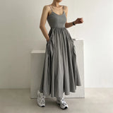 A-line Pocket Street Cargo Dress V-neck Solid Color Gray Pleated Dress Sleeveless Korean Chic Long Dress 2025 Summer New