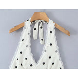 Pbong  Lace Spliced Polka Dot Halter Dress Women Elegant A-line Mini Sexy Backless Dresses Summer Robe