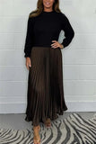 Pbong  Autumn Winter Elegant Patchwork Knitted Sweater Long Dresses Office Ladies O Neck Long Sleeve Mid Waist Pleated Knitting Dresses