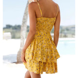 Pbong  Floral Printed Mini Dress Yellow Ruffles Summer Sundress Tiered Vintage Chic Backless Beach Dresses Ladies Vestidos