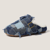 Pbong Fringe Tassel Denim Fleece Flats Shoes Women Winter Short Plush Jeans Patchwork Fashion Slippers Round Toe Warm Unisex Slidess