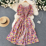 Pbong  Women Fashion Printed Elastic Waist Split A-line Long Dress Vintage Puff Sleeve Chic Lady Dress Summer Beach Outfits