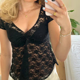 Women Sexy V Neck T-shirt Floral Lace Sheer Slim Fit Blouse Tees Coquette Fairy Crop Tops Y2k 90s Vintage Going Out Streetwear